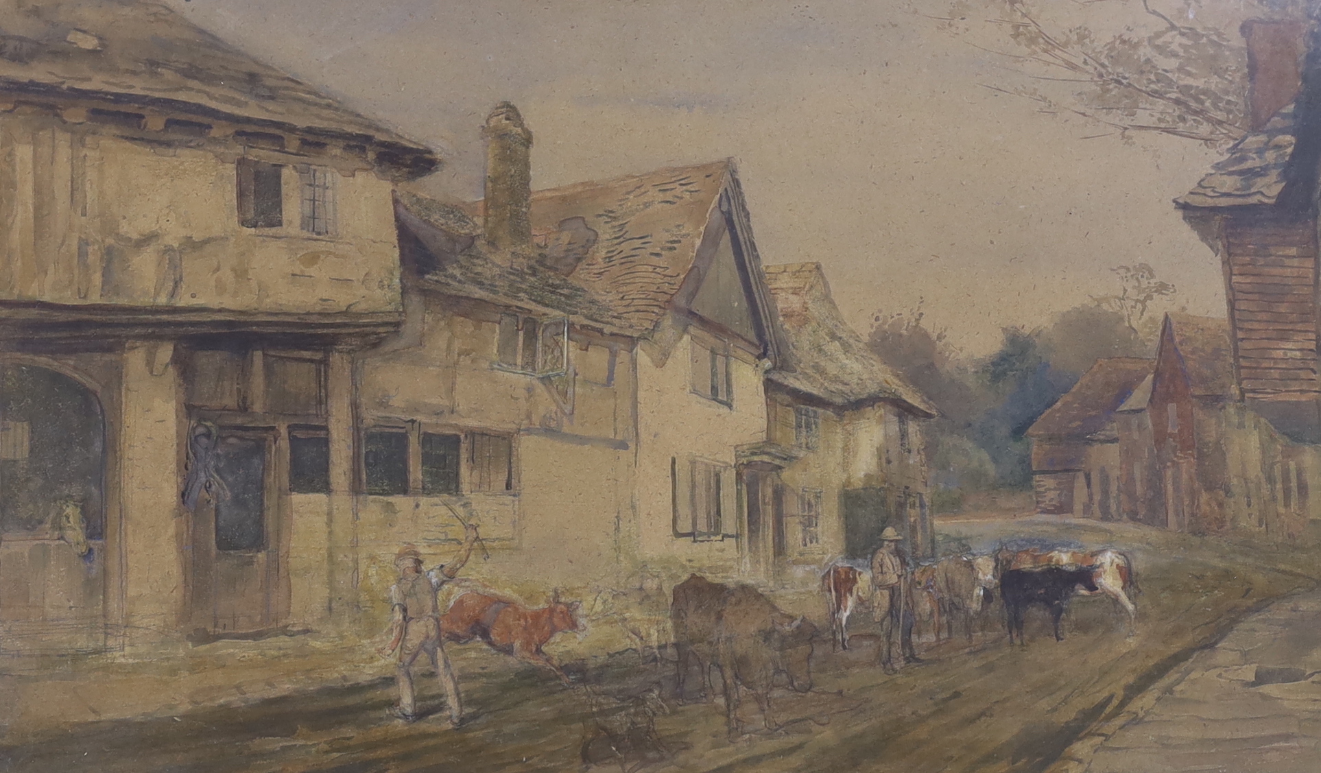 19th century English School, pair of watercolours, Coastal street scene with figures and village street scene with cattle, unsigned, 38 x 62cm